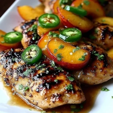 Jalapeño Peach Chicken dish garnished with jalapeños and peaches