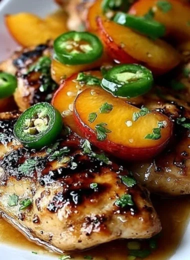 Jalapeño Peach Chicken dish garnished with jalapeños and peaches