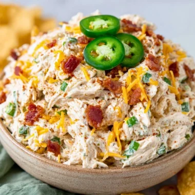Bowl of Jalapeño Popper Keto Chicken Salad with fresh ingredients and toppings.
