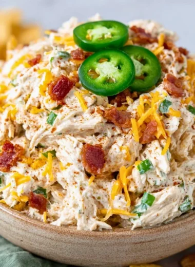 Bowl of Jalapeño Popper Keto Chicken Salad with fresh ingredients and toppings.