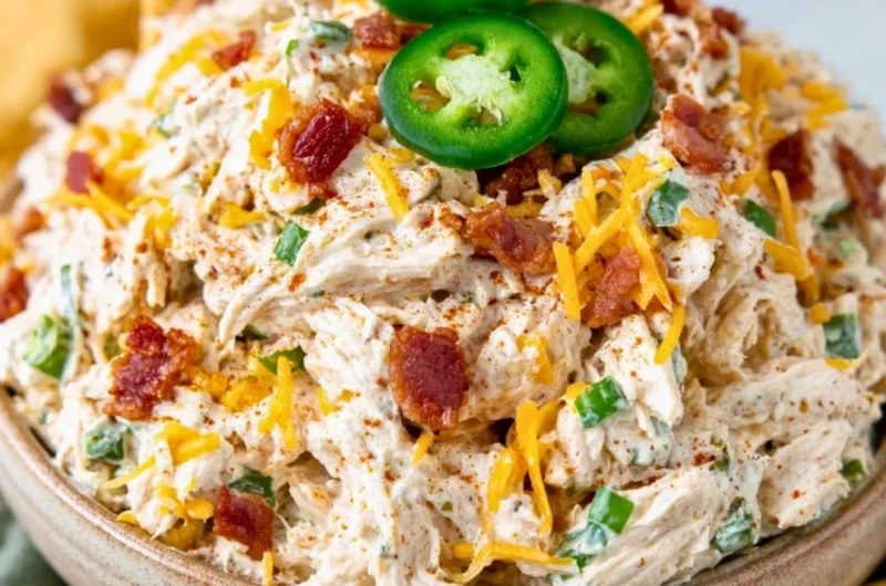 Bowl of Jalapeño Popper Keto Chicken Salad with fresh ingredients and toppings.