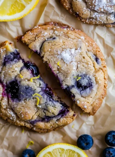 Plate of freshly baked lemon blueberry cookies with a golden crust and fluffy interior