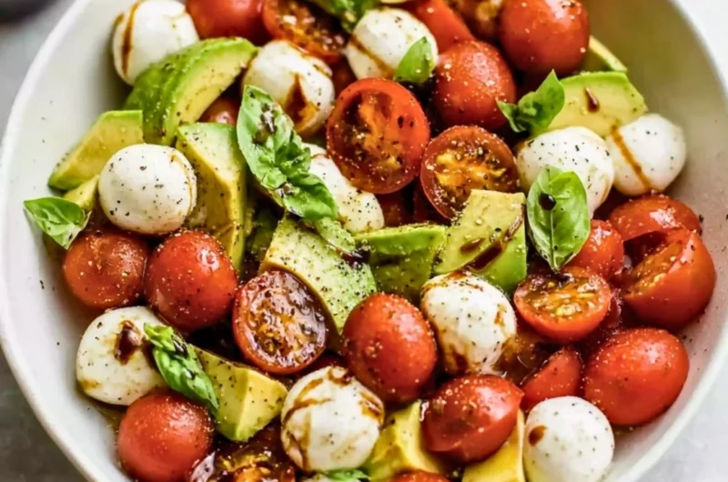 Light Avocado Caprese Salad with mozzarella, tomatoes, and basil