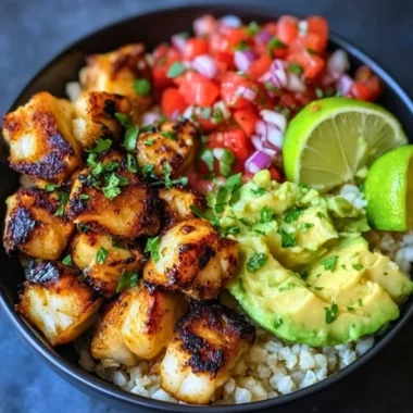 Low-carb fish taco bowl with fresh ingredients and toppings