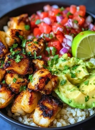 Low-carb fish taco bowl with fresh ingredients and toppings