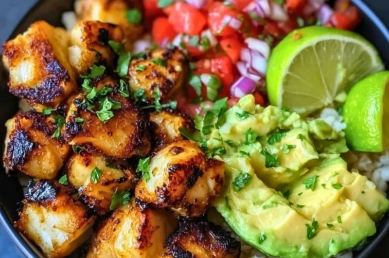 Low-carb fish taco bowl with fresh ingredients and toppings