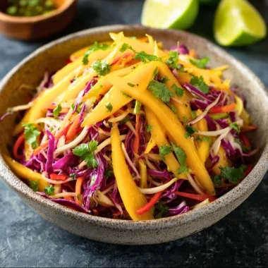 Colorful mango slaw with fresh vegetables and dressing in a bowl