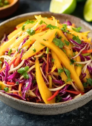 Colorful mango slaw with fresh vegetables and dressing in a bowl