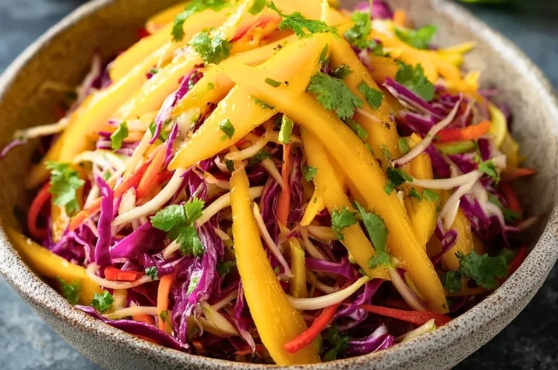 Colorful mango slaw with fresh vegetables and dressing in a bowl
