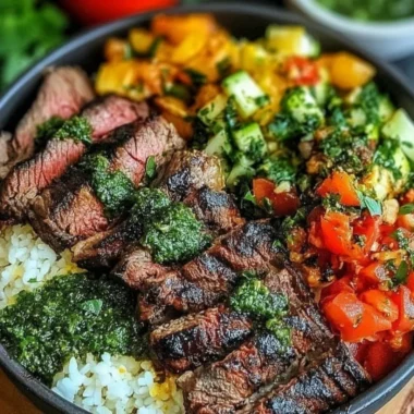 Mediterranean Steak Bowl with grilled steak, fresh veggies, and vibrant garnishes