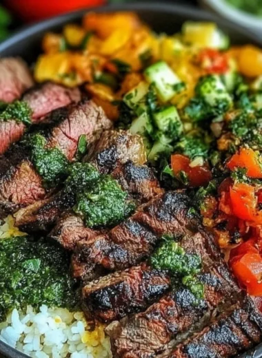 Mediterranean Steak Bowl with grilled steak, fresh veggies, and vibrant garnishes