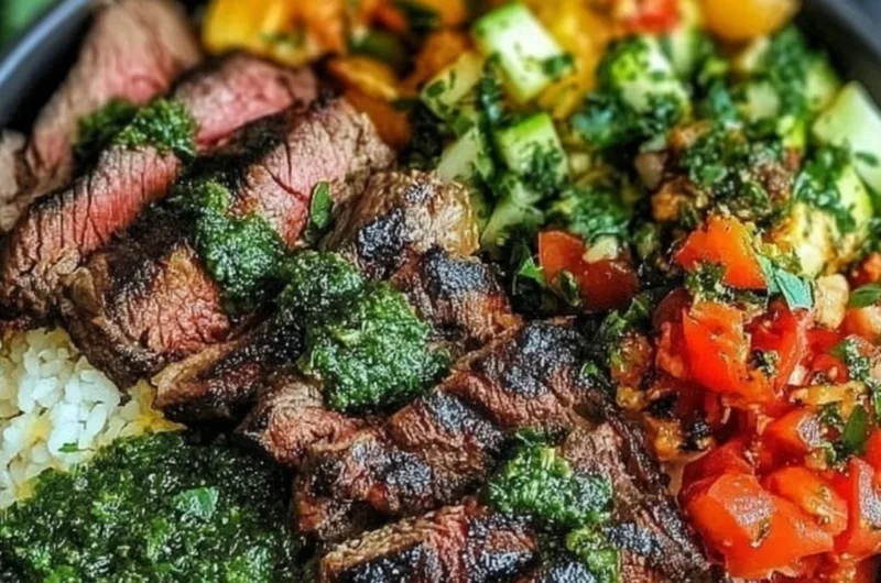 Mediterranean Steak Bowl with grilled steak, fresh veggies, and vibrant garnishes