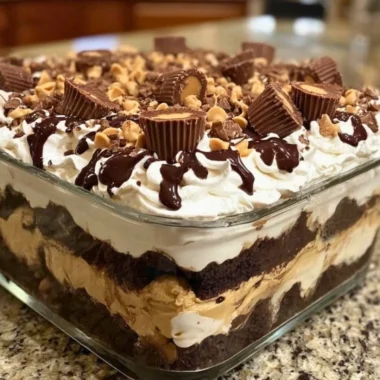 No-bake peanut butter chocolate dessert topped with chocolate drizzle and peanuts