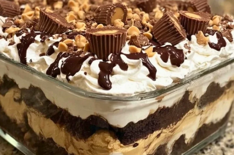 No-bake peanut butter chocolate dessert topped with chocolate drizzle and peanuts