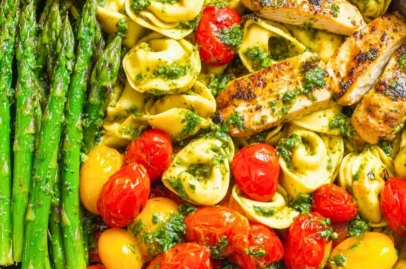 One-Pan Pesto Chicken with tortellini and colorful veggies
