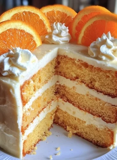 Slice of Orange Creamsicle Cake topped with orange frosting and sprinkles