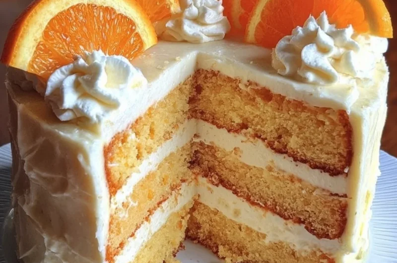 Slice of Orange Creamsicle Cake topped with orange frosting and sprinkles