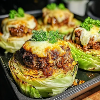 Oven-baked cabbage burgers served on a plate with fresh toppings