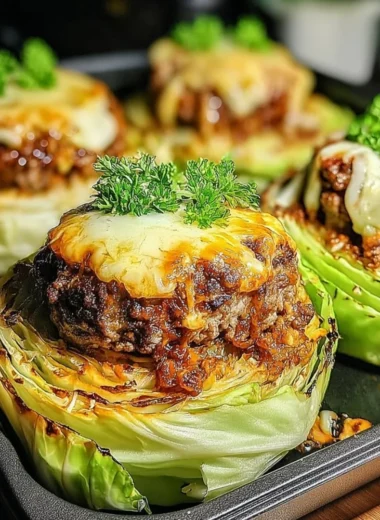 Oven-baked cabbage burgers served on a plate with fresh toppings