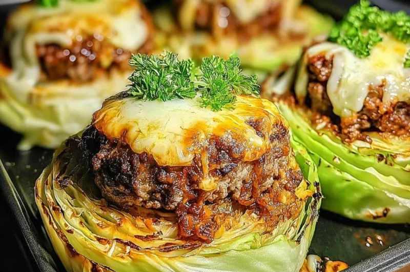 Oven-baked cabbage burgers served on a plate with fresh toppings