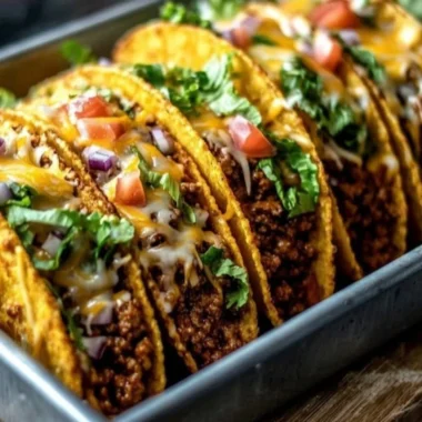 Oven-baked cheesy tacos loaded with toppings and crispy edges.