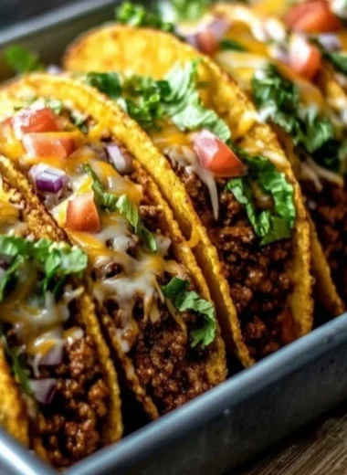 Oven-baked cheesy tacos loaded with toppings and crispy edges.