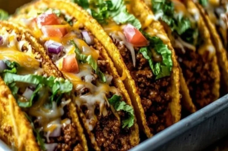 Oven-baked cheesy tacos loaded with toppings and crispy edges.