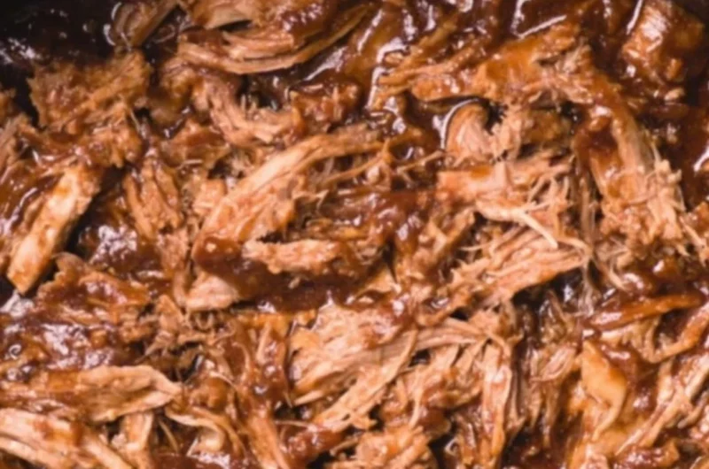 Delicious BBQ pulled pork made in a slow cooker, served with buns and coleslaw