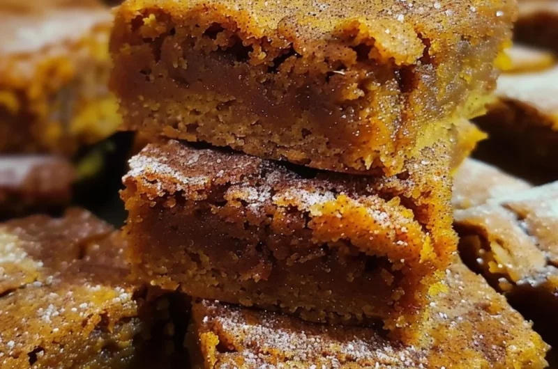 Delicious Pumpkin Snickerdoodle Blondies topped with cinnamon sugar