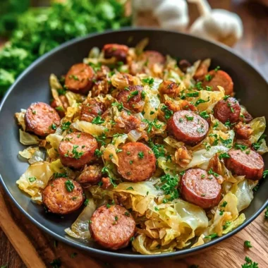 Delicious sausage and cabbage stir fry in a colorful bowl