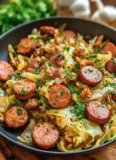 Delicious sausage and cabbage stir fry in a colorful bowl