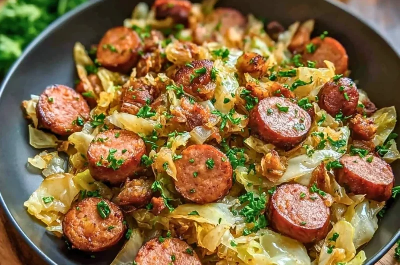 Delicious sausage and cabbage stir fry in a colorful bowl