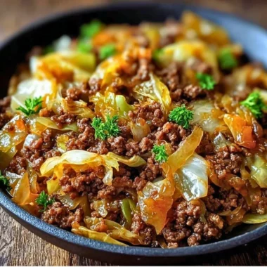 Savory ground beef and cabbage dish garnished with herbs