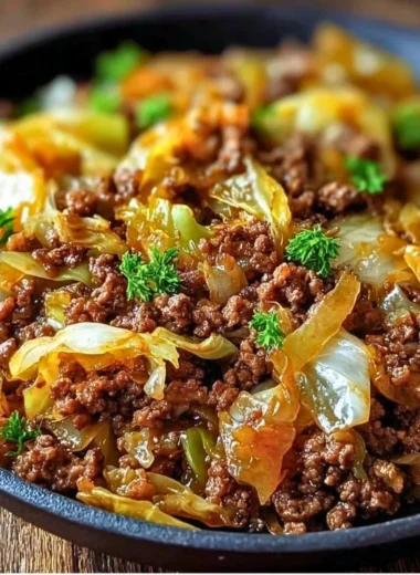 Savory ground beef and cabbage dish garnished with herbs