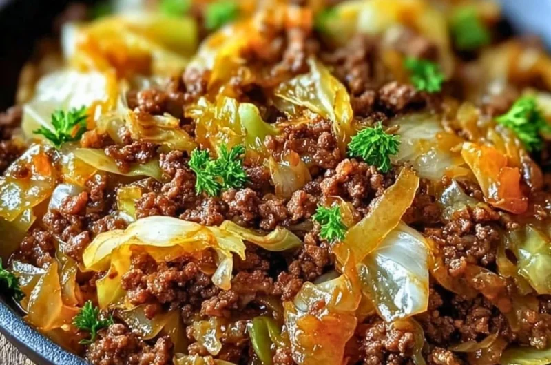 Savory ground beef and cabbage dish garnished with herbs