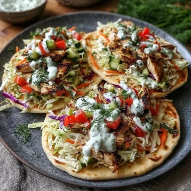 Sheet pan chicken pitas served with fresh herb ranch slaw on a plate.