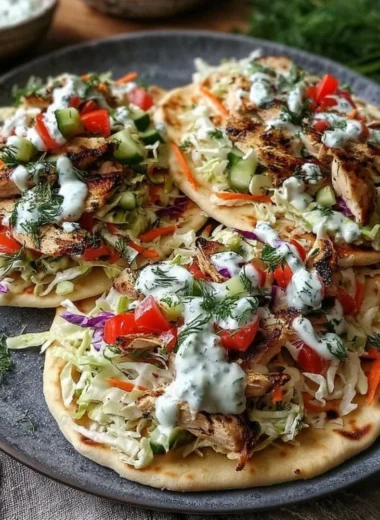 Sheet pan chicken pitas served with fresh herb ranch slaw on a plate.