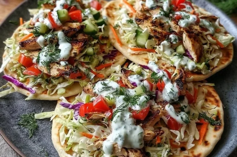 Sheet pan chicken pitas served with fresh herb ranch slaw on a plate.
