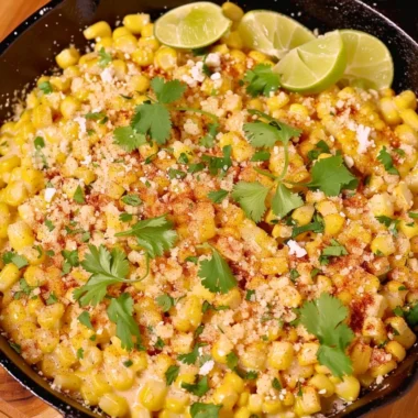 Delicious Skillet Mexican Street Corn served in a bowl with toppings.
