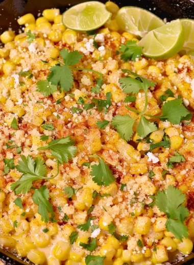 Delicious Skillet Mexican Street Corn served in a bowl with toppings.