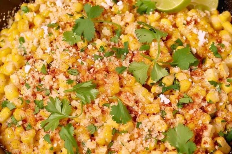 Delicious Skillet Mexican Street Corn served in a bowl with toppings.