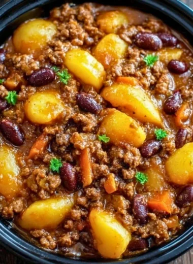 A delicious slow cooker cowboy casserole filled with beef, beans, and cheese