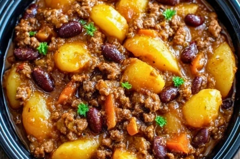A delicious slow cooker cowboy casserole filled with beef, beans, and cheese