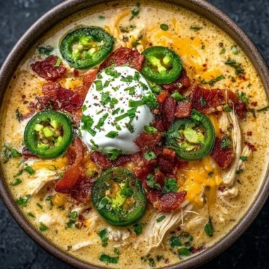 Bowl of spicy jalapeno popper chicken soup topped with cheese and jalapenos