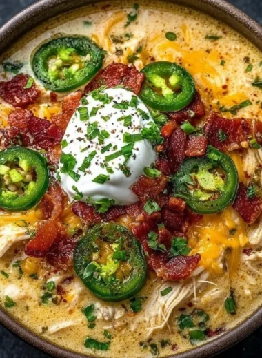 Bowl of spicy jalapeno popper chicken soup topped with cheese and jalapenos