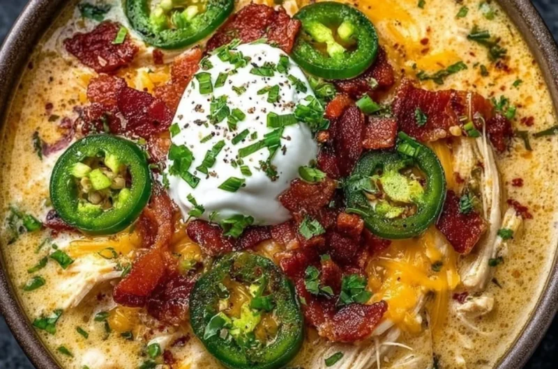 Bowl of spicy jalapeno popper chicken soup topped with cheese and jalapenos