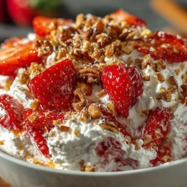 A vibrant bowl of strawberry crackle salad with fresh strawberries and crunchy toppings