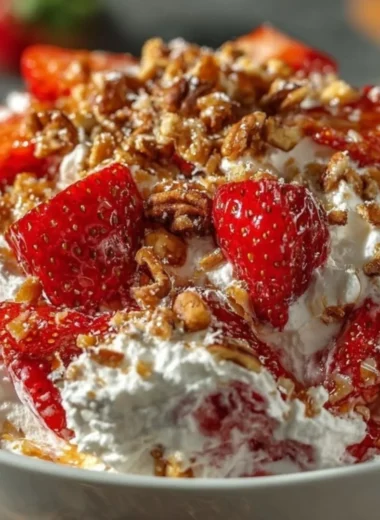 A vibrant bowl of strawberry crackle salad with fresh strawberries and crunchy toppings