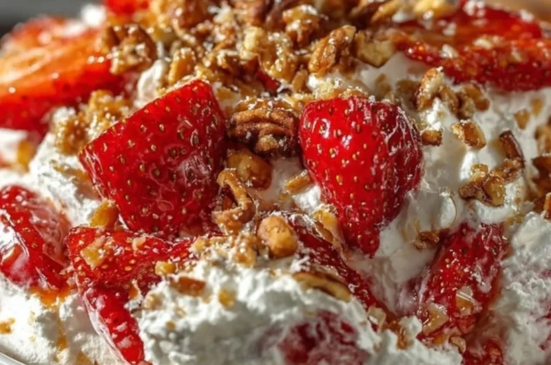 A vibrant bowl of strawberry crackle salad with fresh strawberries and crunchy toppings
