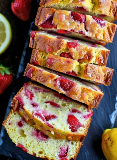 Slice of strawberry lemonade quick bread on a plate with fresh strawberries